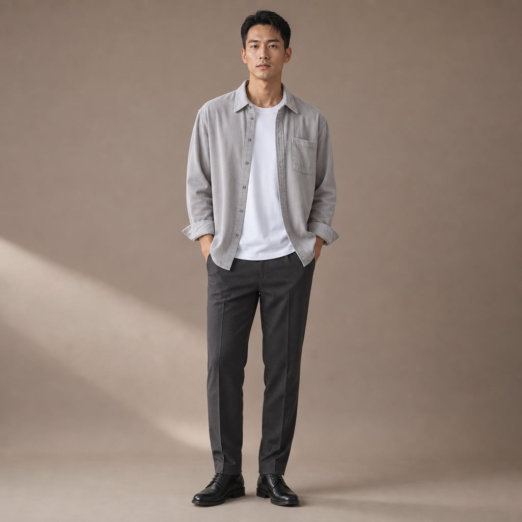 Corduroy-Style Ribbed Button-Front Shirt Long Sleeve Pointed Collar Light Gray – Full Look