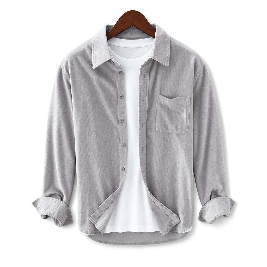 Corduroy-Style Ribbed Button-Front Shirt Long Sleeve Pointed Collar Light Gray – Product Photo