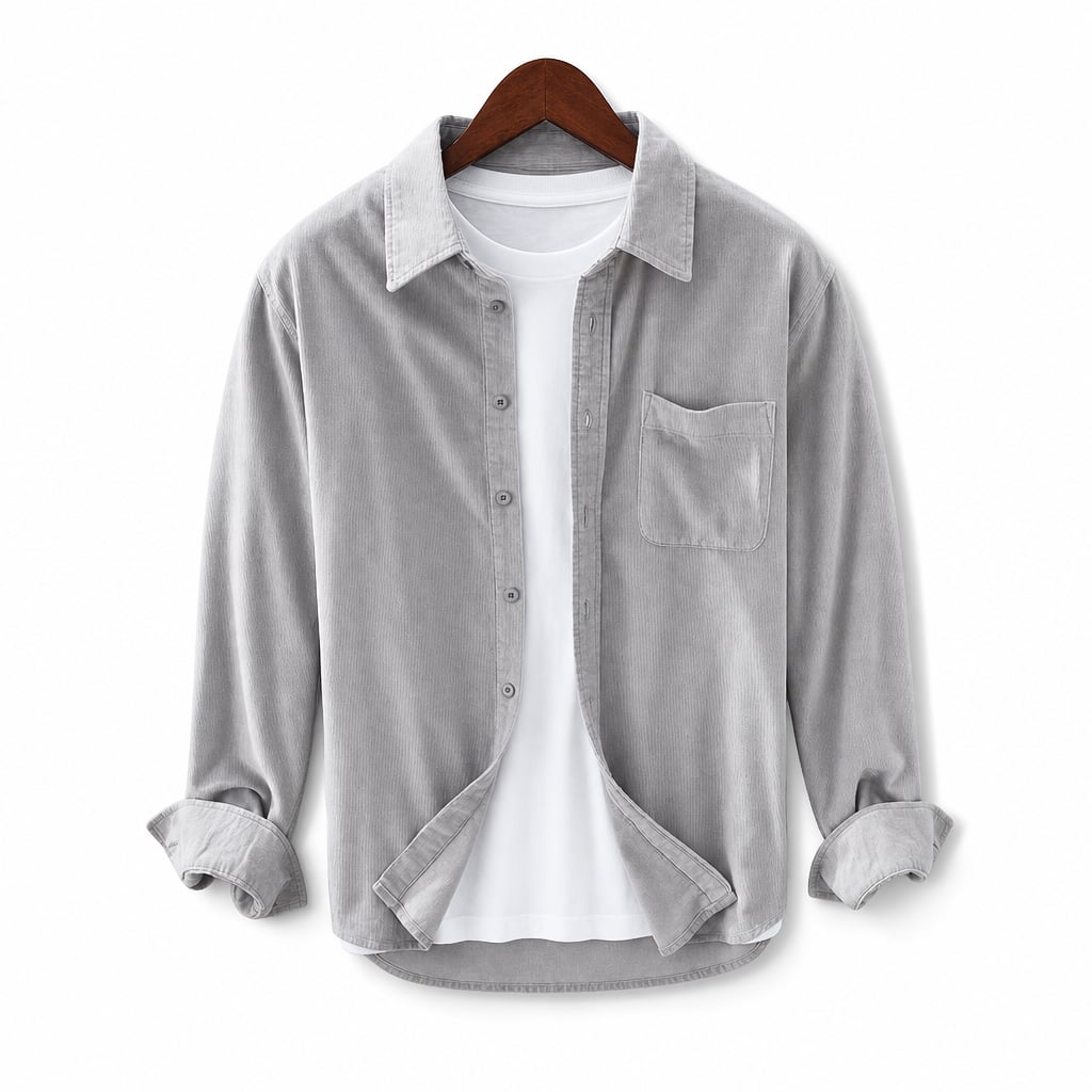 Corduroy-Style Ribbed Button-Front Shirt Long Sleeve Pointed Collar Light Gray – Product Photo