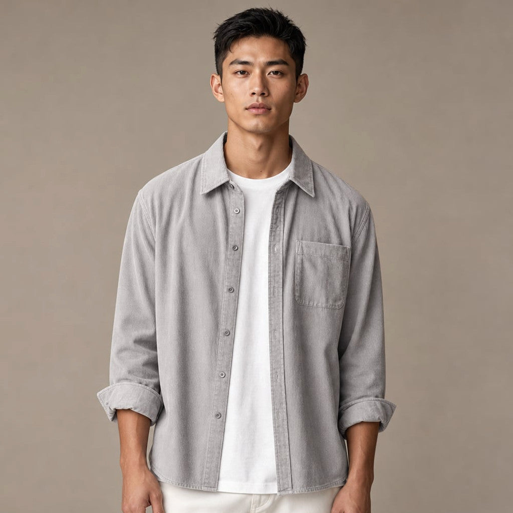 Corduroy-Style Ribbed Button-Front Shirt Long Sleeve Pointed Collar in Light Gray – Tomosino Premium Menswear