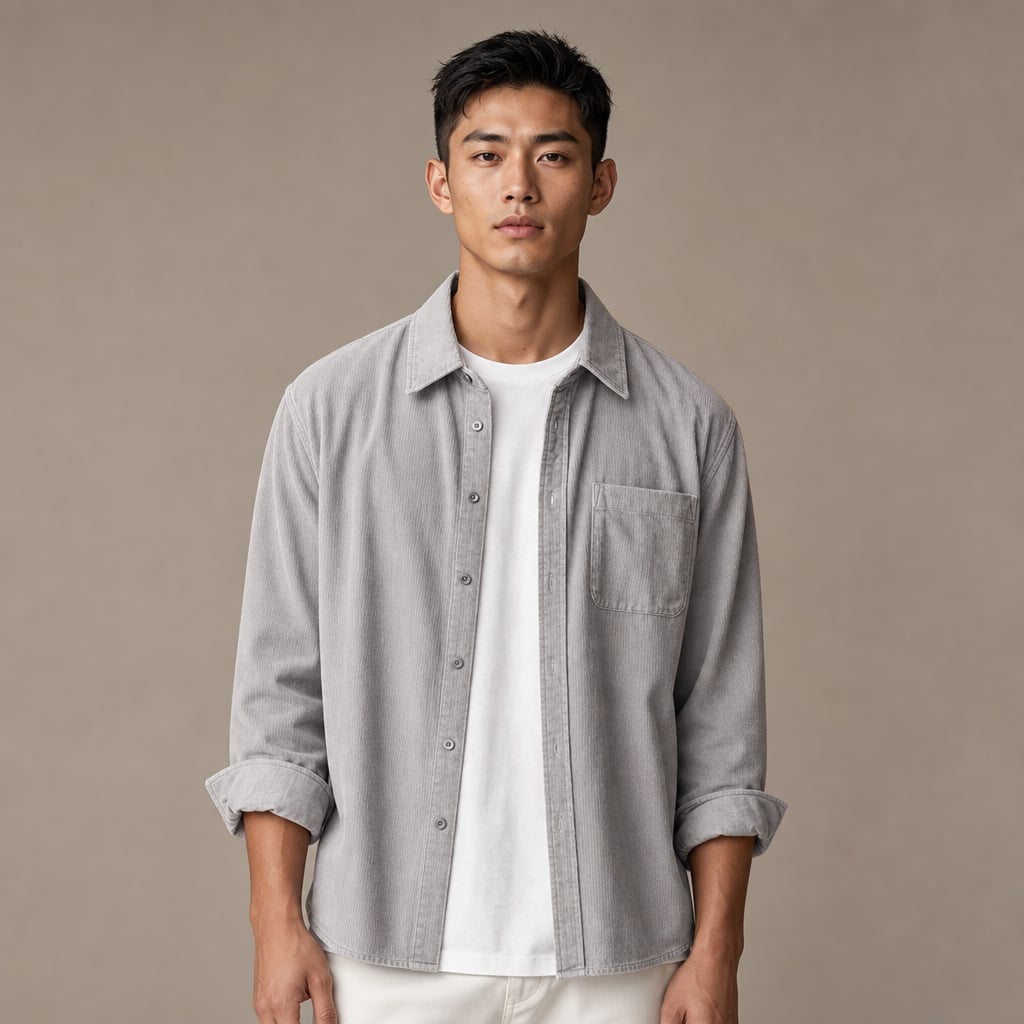 Corduroy-Style Ribbed Button-Front Shirt Long Sleeve Pointed Collar in Light Gray – Tomosino Premium Menswear
