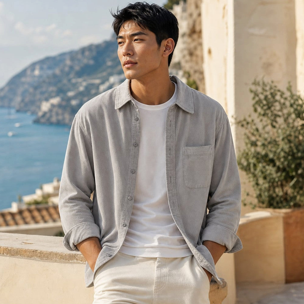 Corduroy-Style Ribbed Button-Front Shirt Long Sleeve Pointed Collar Light Gray – Styled Editorial Shot