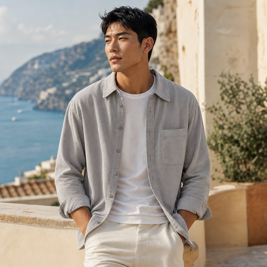 Corduroy-Style Ribbed Button-Front Shirt Long Sleeve Pointed Collar Light Gray – Styled Editorial Shot