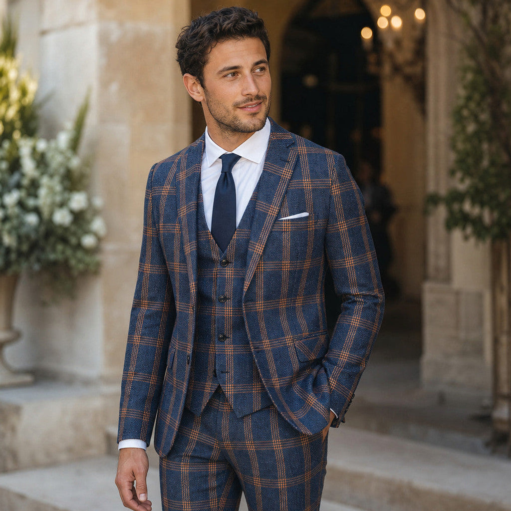 Corvell | Three Piece Suit One Button Navy Navy – Styled Editorial Shot