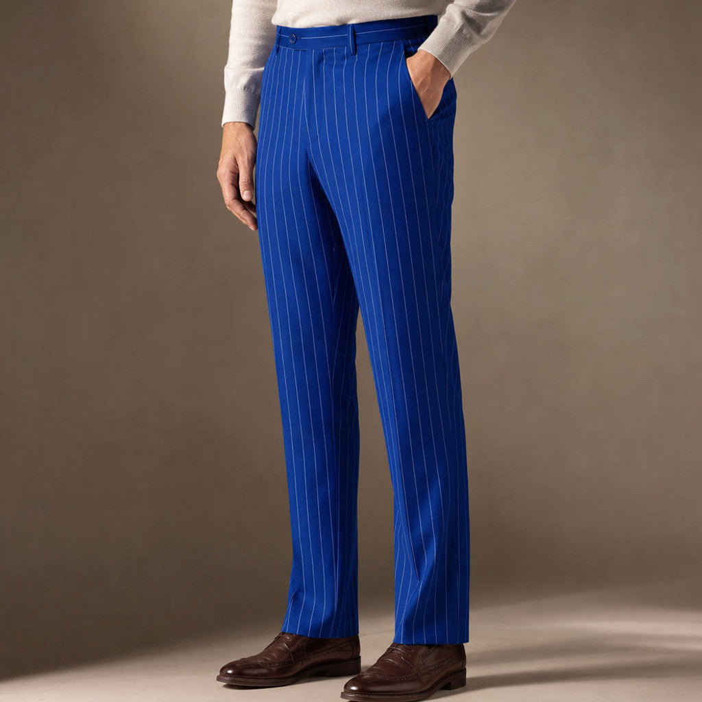 Corwin | Dress Pants Striped Flat Front Royal Blue – Side Angle View
