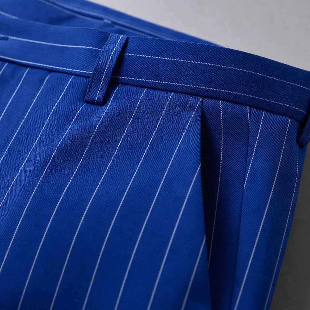 Corwin | Dress Pants Striped Flat Front Royal Blue – Fabric and Detail Close-Up