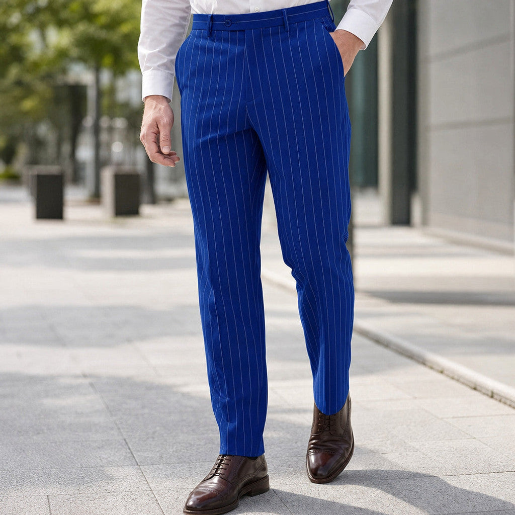 Corwin | Dress Pants Striped Flat Front Royal Blue – Styled Editorial Shot