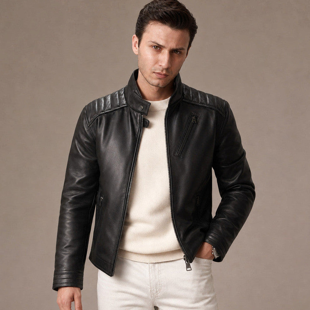 Black sheepskin leather biker jacket with zip front and snap collar strap