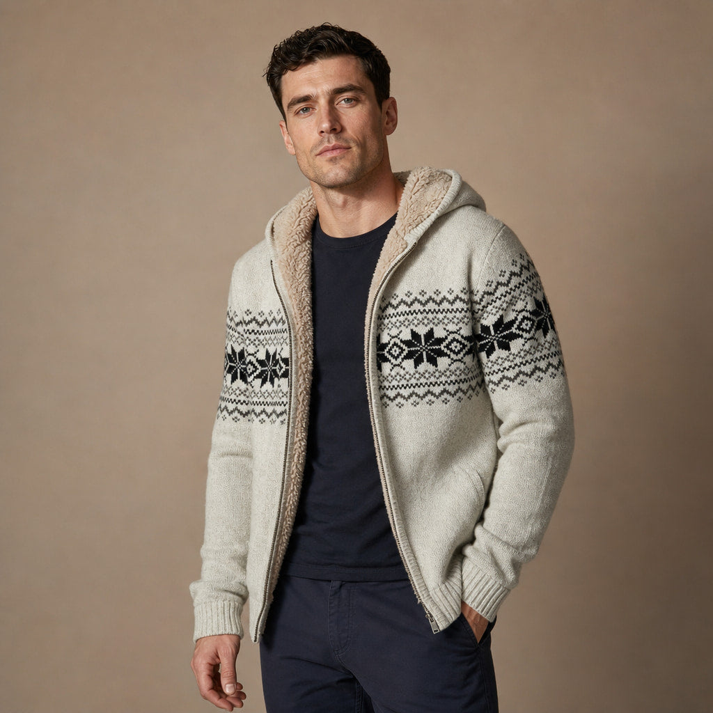 Knit Zip Up Jacket Fleece Lined Hood Beige – Side Angle View
