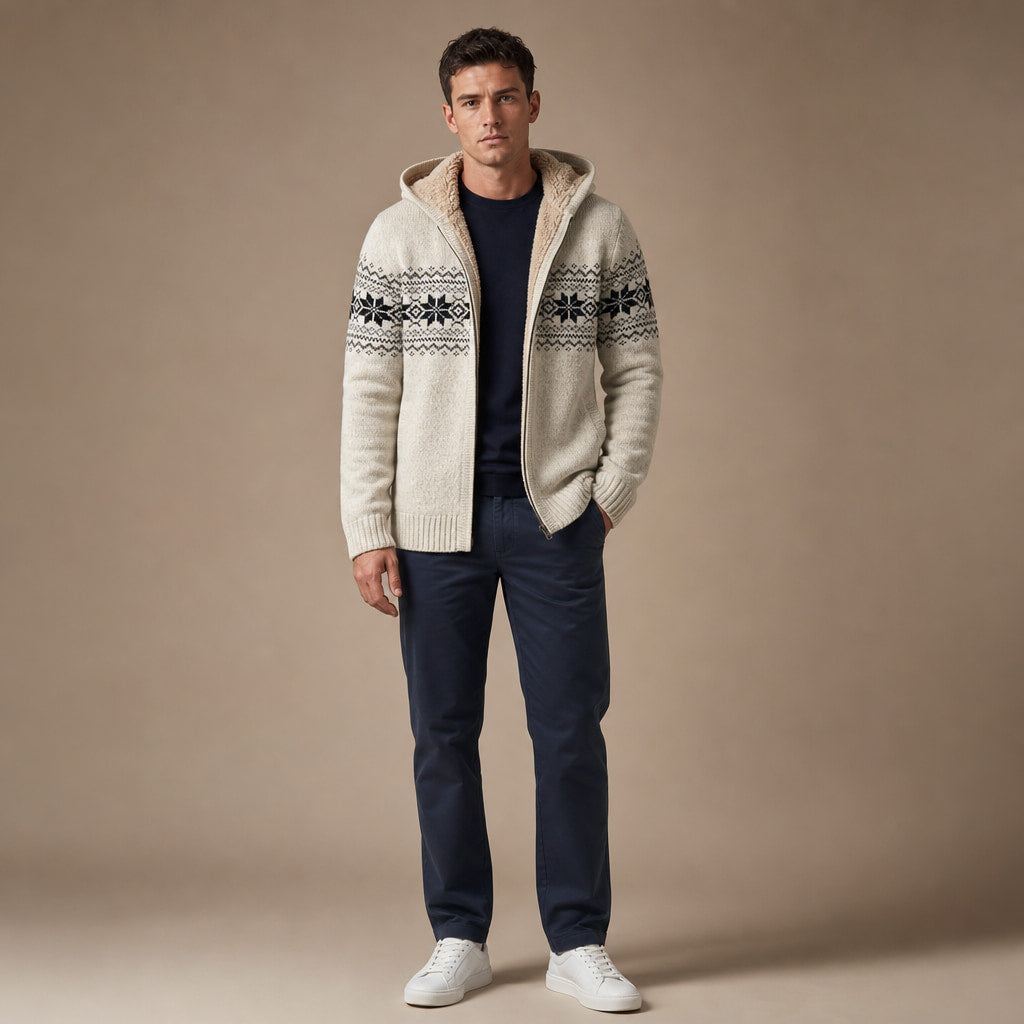 Knit Zip Up Jacket Fleece Lined Hood Beige – Full Look