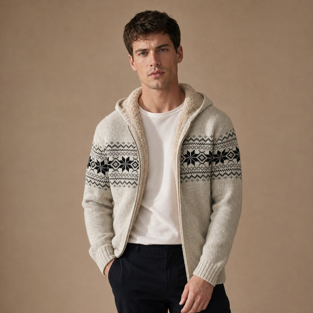 Knit Zip Up Jacket Fleece Lined Hood Beige – Product Photo