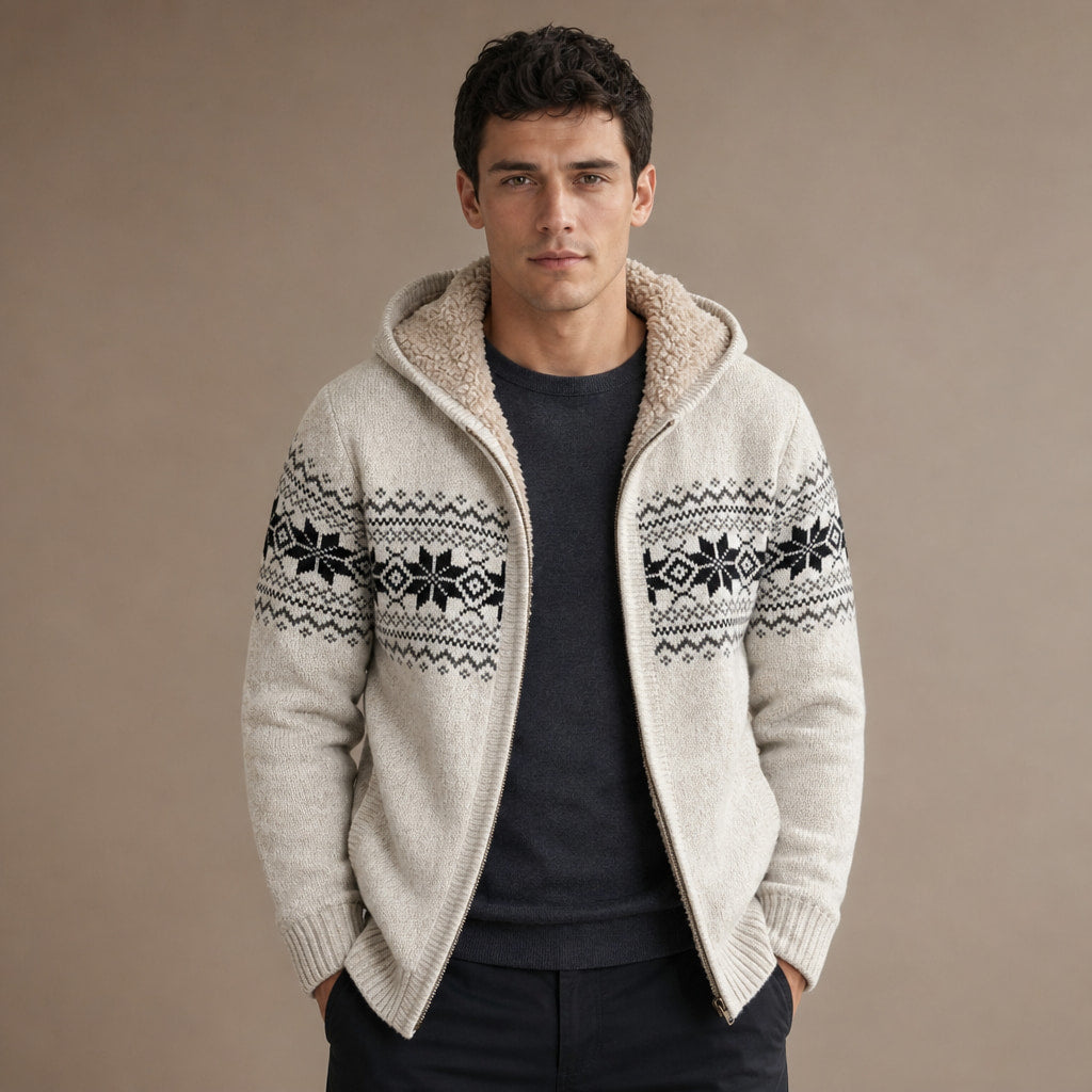 Knit Zip Up Jacket Fleece Lined Hood in Beige – Tomosino Premium Menswear