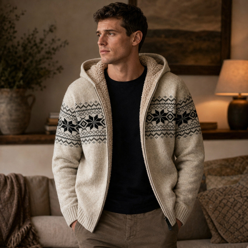 Knit Zip Up Jacket Fleece Lined Hood Beige – Styled Editorial Shot
