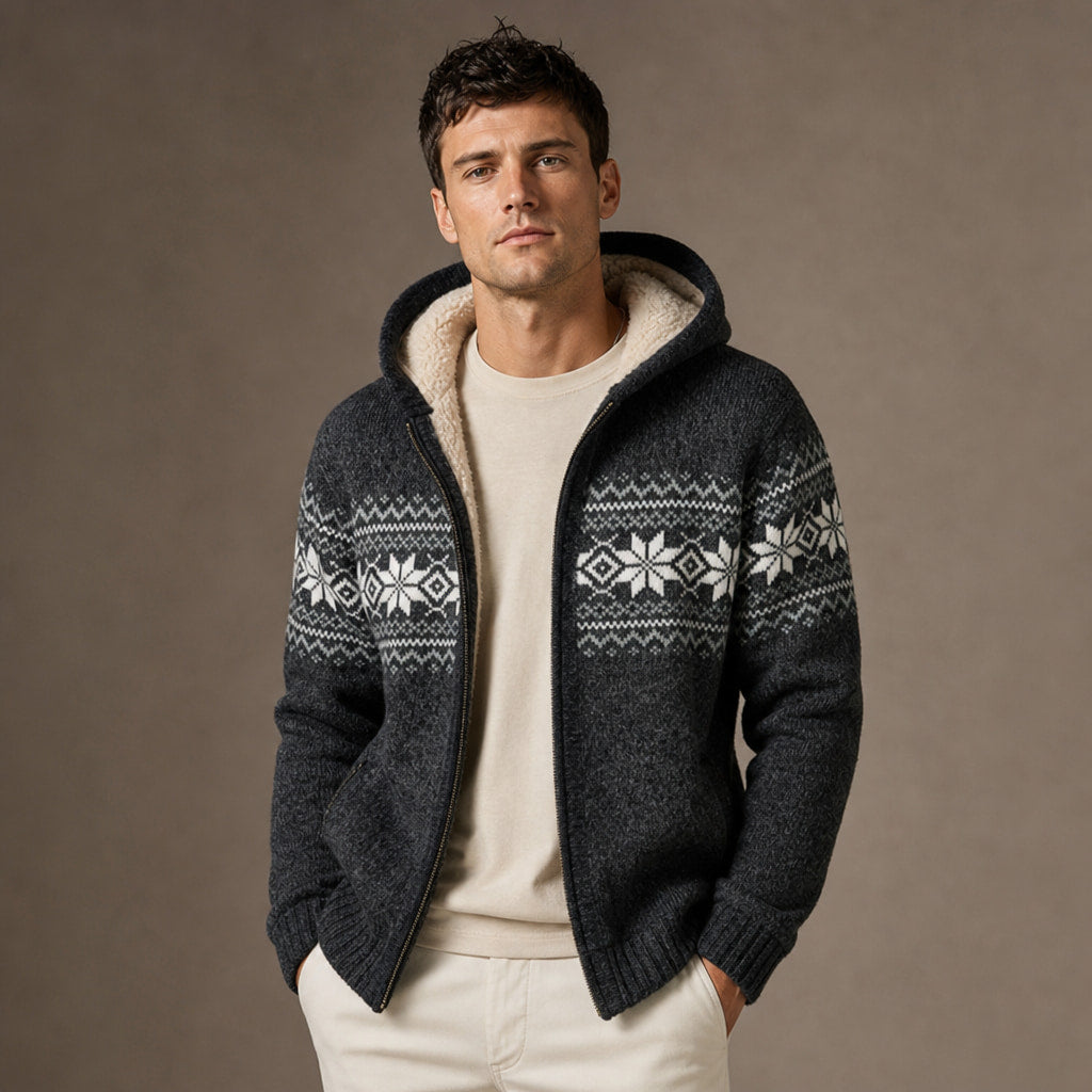 Knit Zip Up Jacket Fleece Lined Hood Dark Gray – Product Photo
