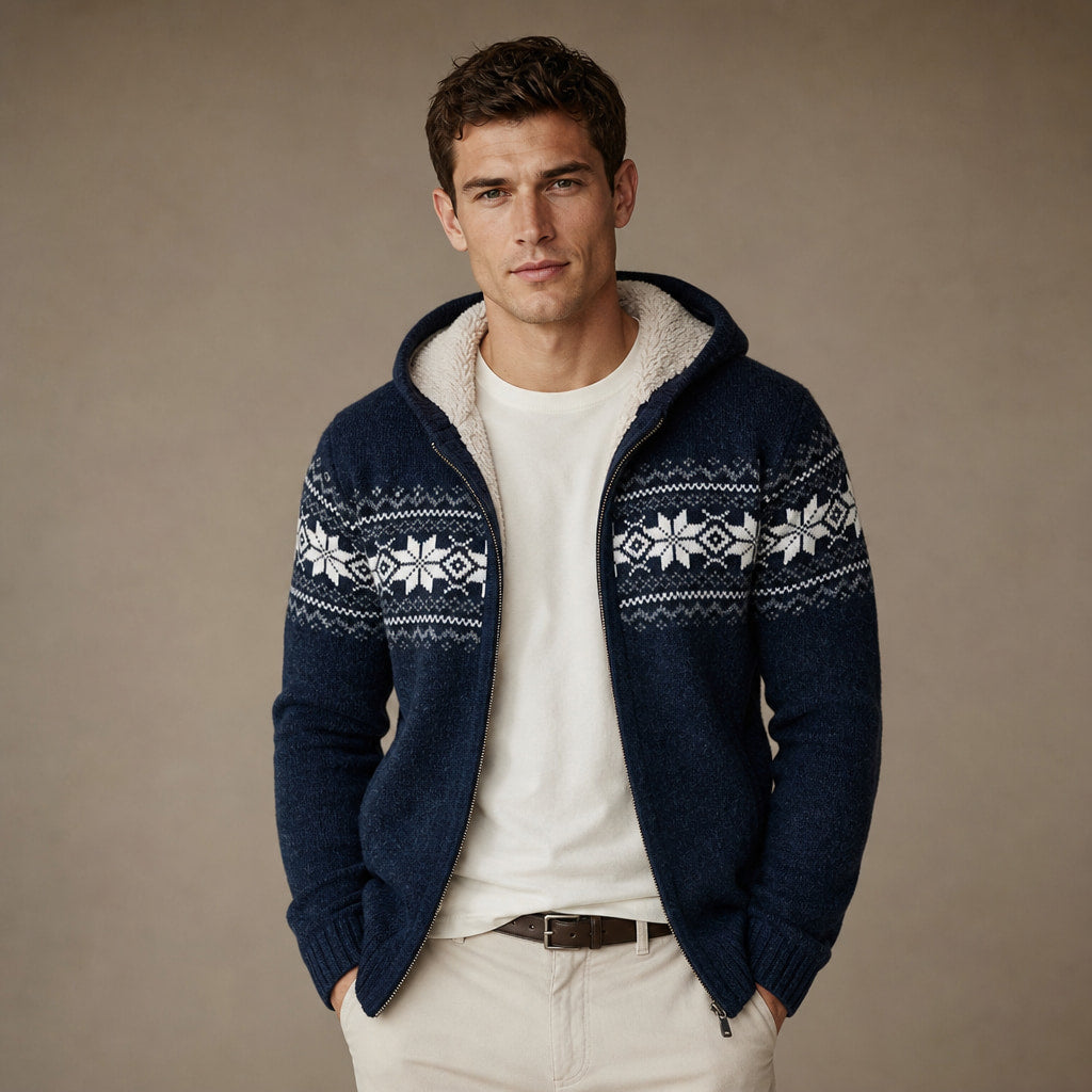 Knit Zip Up Jacket Fleece Lined Hood Navy Blue – Product Photo