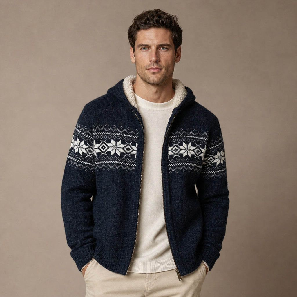 Knit Zip Up Jacket Fleece Lined Hood in Navy Blue – Tomosino Premium Menswear