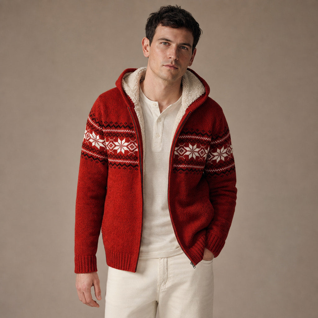 Knit Zip Up Jacket Fleece Lined Hood Red – Product Photo