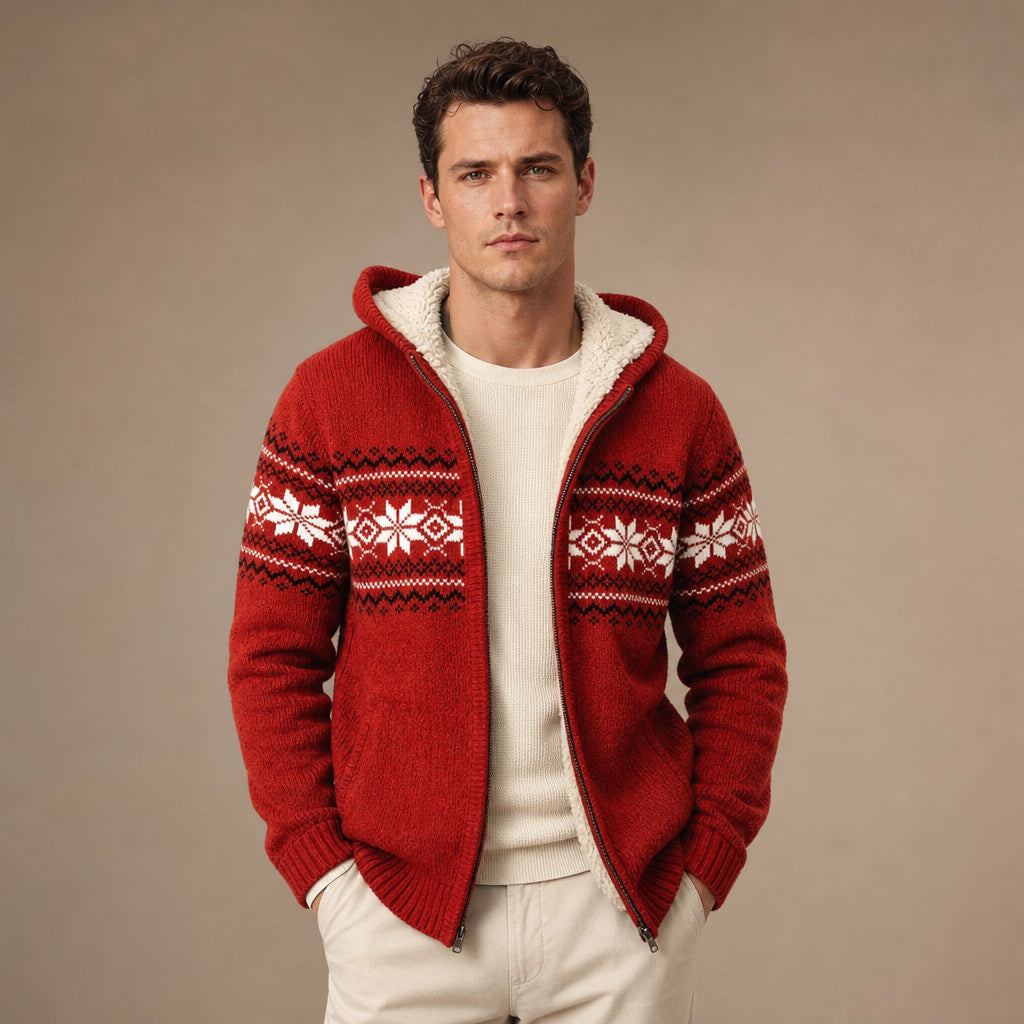 Knit Zip Up Jacket Fleece Lined Hood in Red – Tomosino Premium Menswear