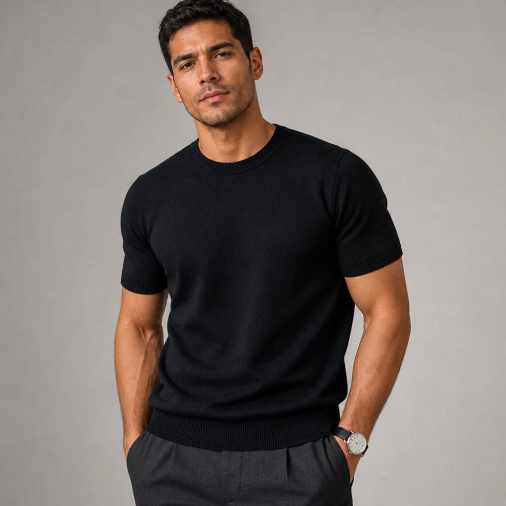 Crew Neck Merino Wool Blend Tee Tailored Fit Black – Product Photo