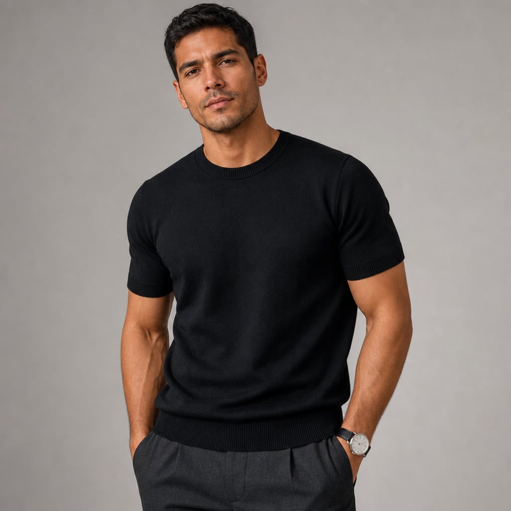 Crew Neck Merino Wool Blend Tee Tailored Fit Black – Product Photo