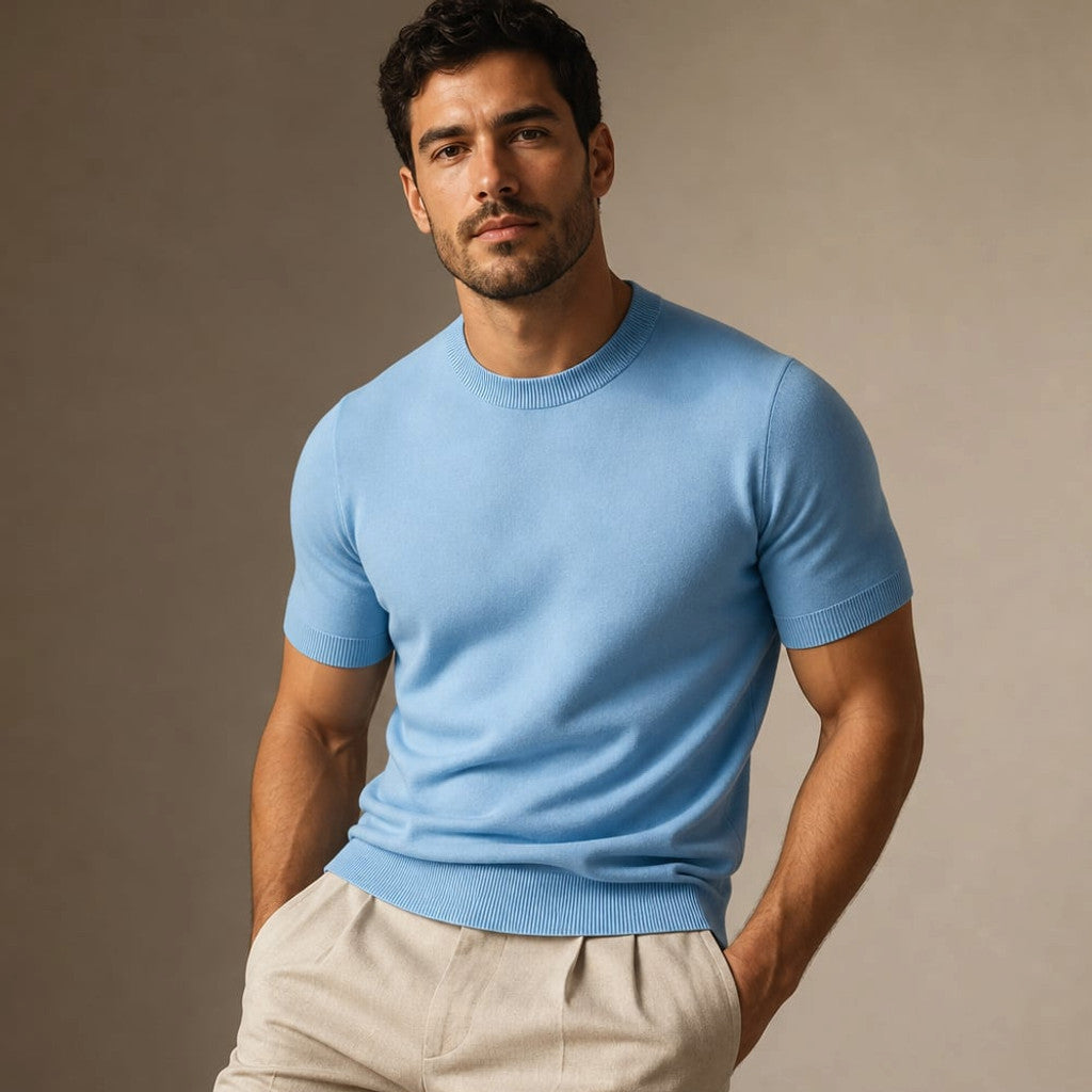 Crew Neck Merino Wool Blend Tee Tailored Fit Blue – Product Photo