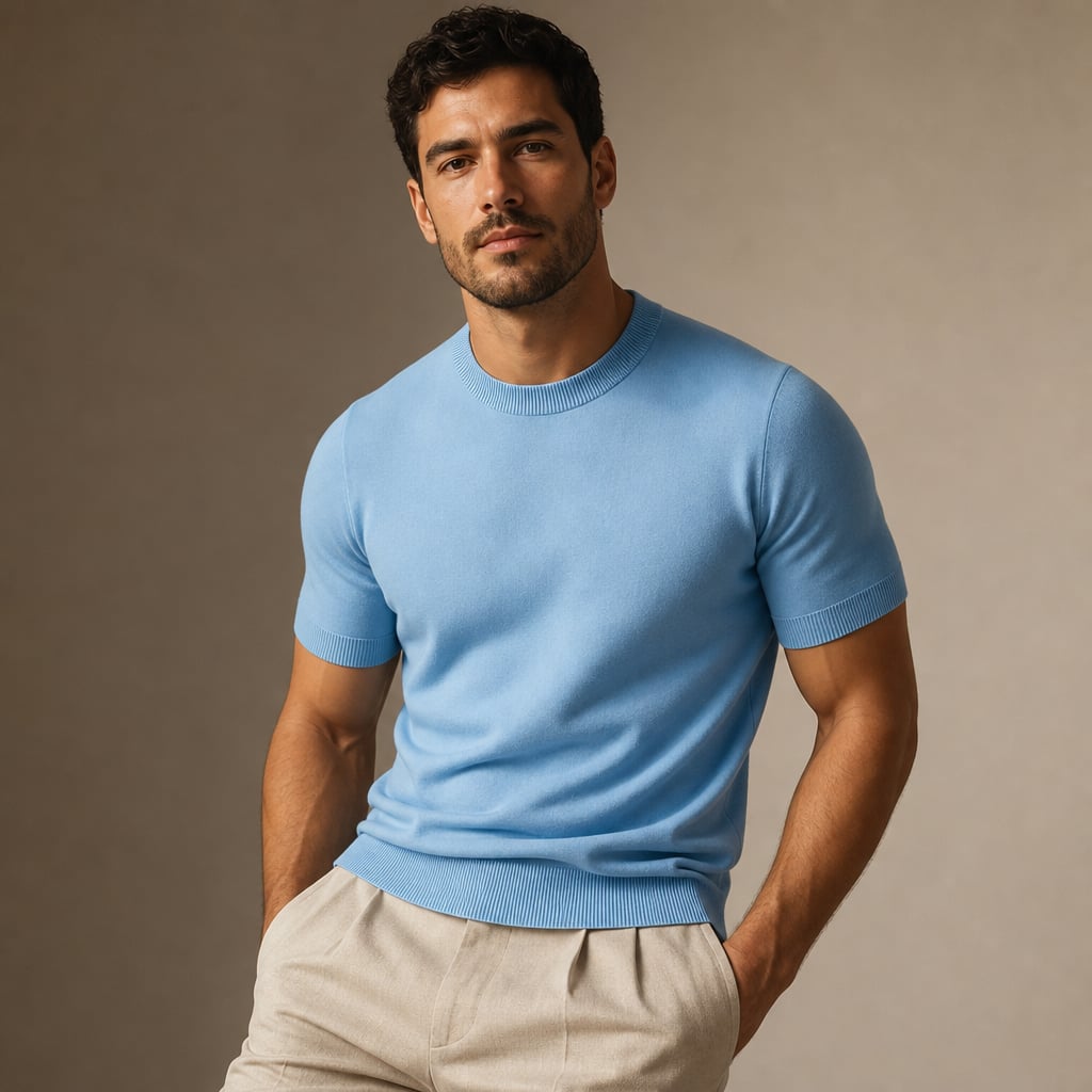 Crew Neck Merino Wool Blend Tee Tailored Fit Blue – Product Photo