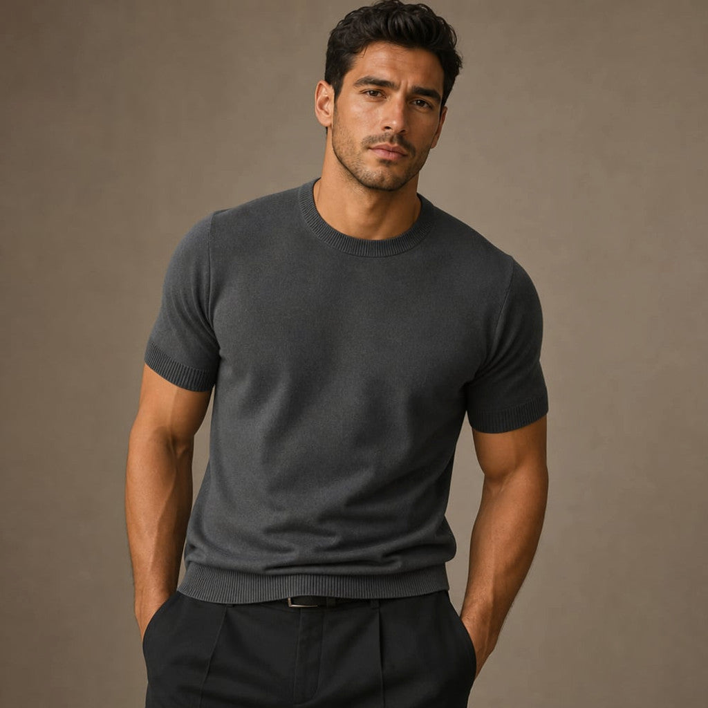 Crew Neck Merino Wool Blend Tee Tailored Fit Gray – Product Photo