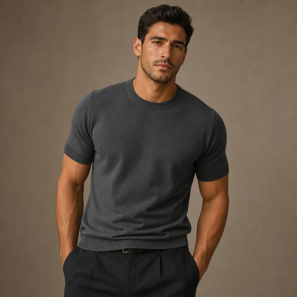 Crew Neck Merino Wool Blend Tee Tailored Fit Gray – Product Photo