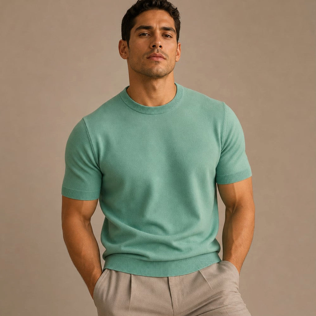 Crew Neck Merino Wool Blend Tee Tailored Fit Green – Product Photo
