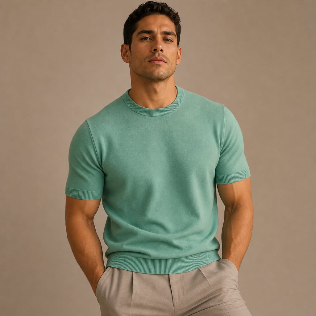 Crew Neck Merino Wool Blend Tee Tailored Fit Green – Product Photo