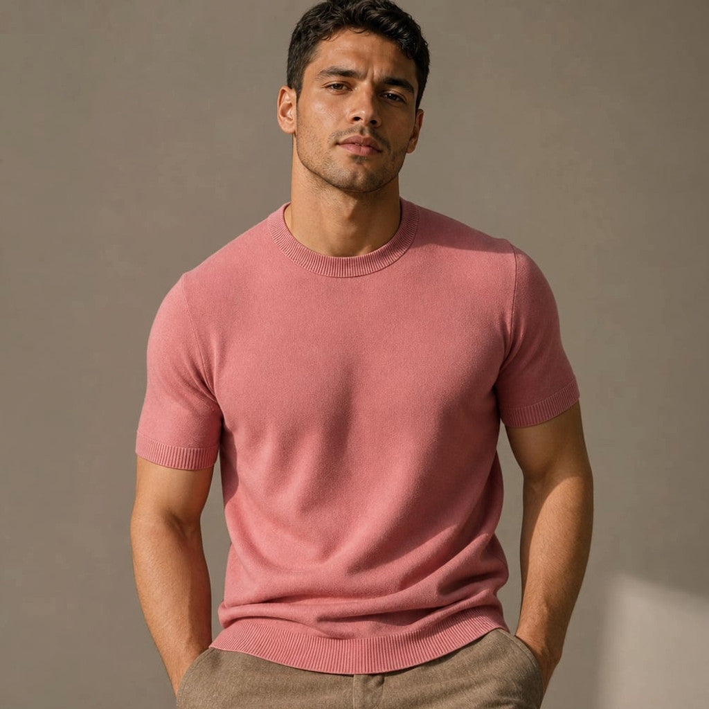 Crew Neck Merino Wool Blend Tee Tailored Fit Pink – Product Photo