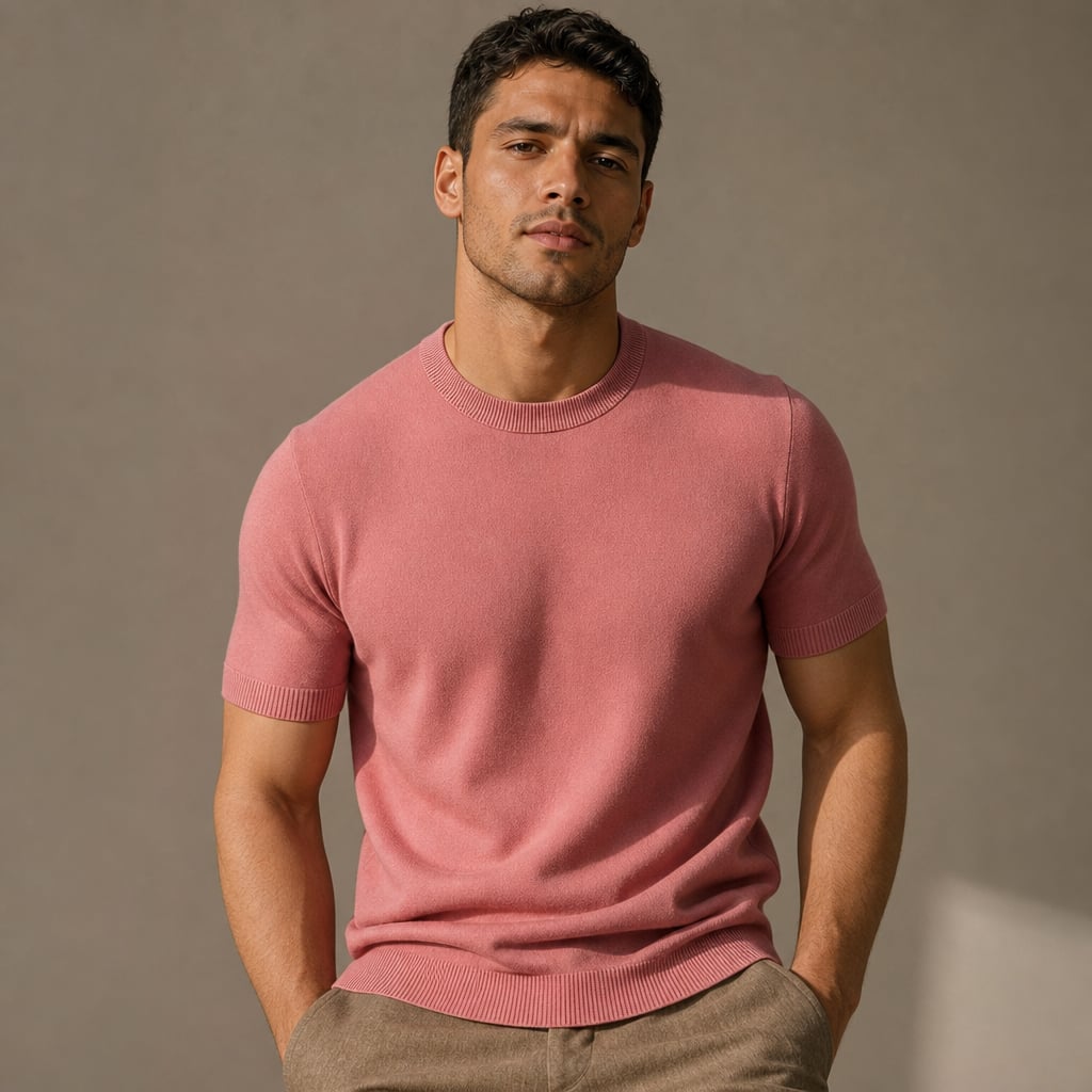 Crew Neck Merino Wool Blend Tee Tailored Fit Pink – Product Photo