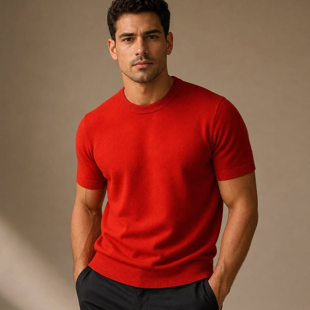 Crew Neck Merino Wool Blend Tee Tailored Fit Red – Product Photo