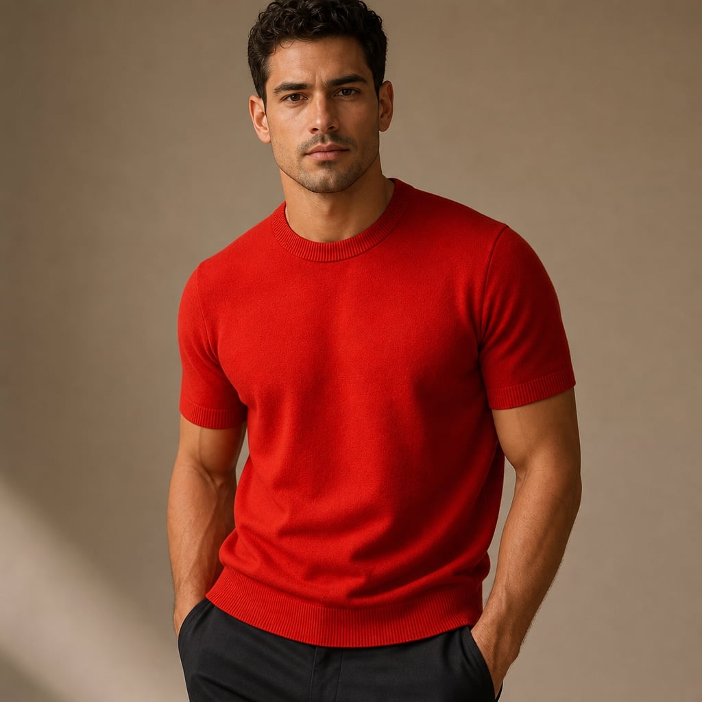 Crew Neck Merino Wool Blend Tee Tailored Fit Red – Product Photo