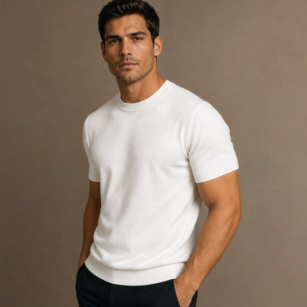 Crew Neck Merino Wool Blend Tee Tailored Fit White – Side Angle View