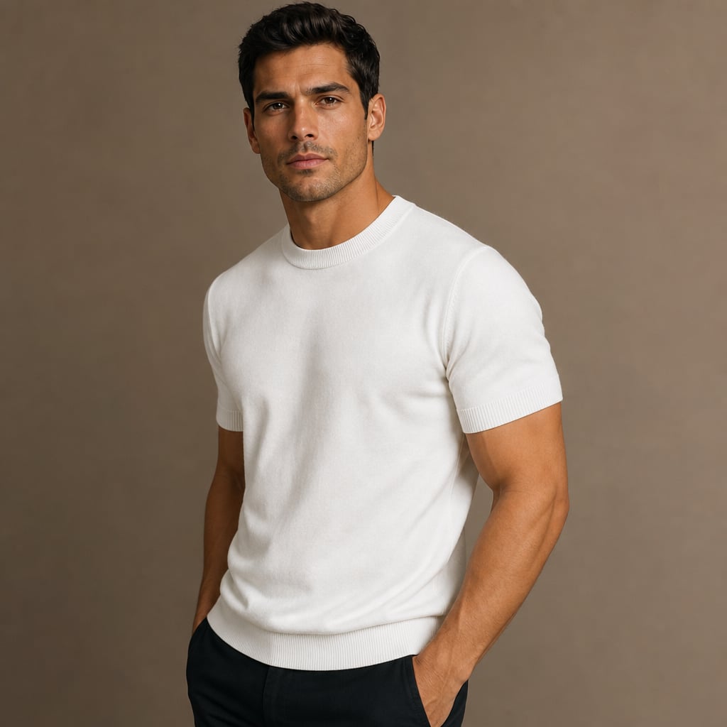 Crew Neck Merino Wool Blend Tee Tailored Fit White – Side Angle View