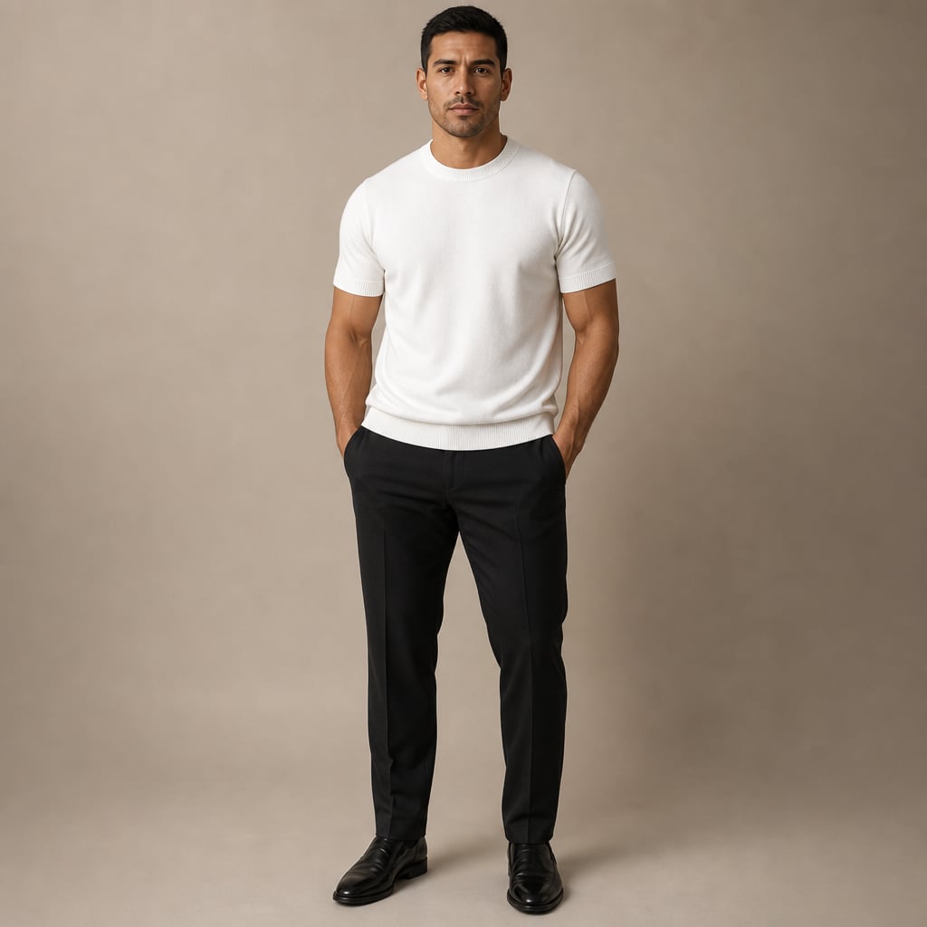 Crew Neck Merino Wool Blend Tee Tailored Fit White – Full Look