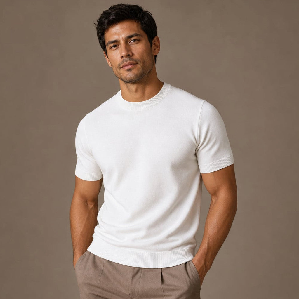 Crew Neck Merino Wool Blend Tee Tailored Fit White – Product Photo
