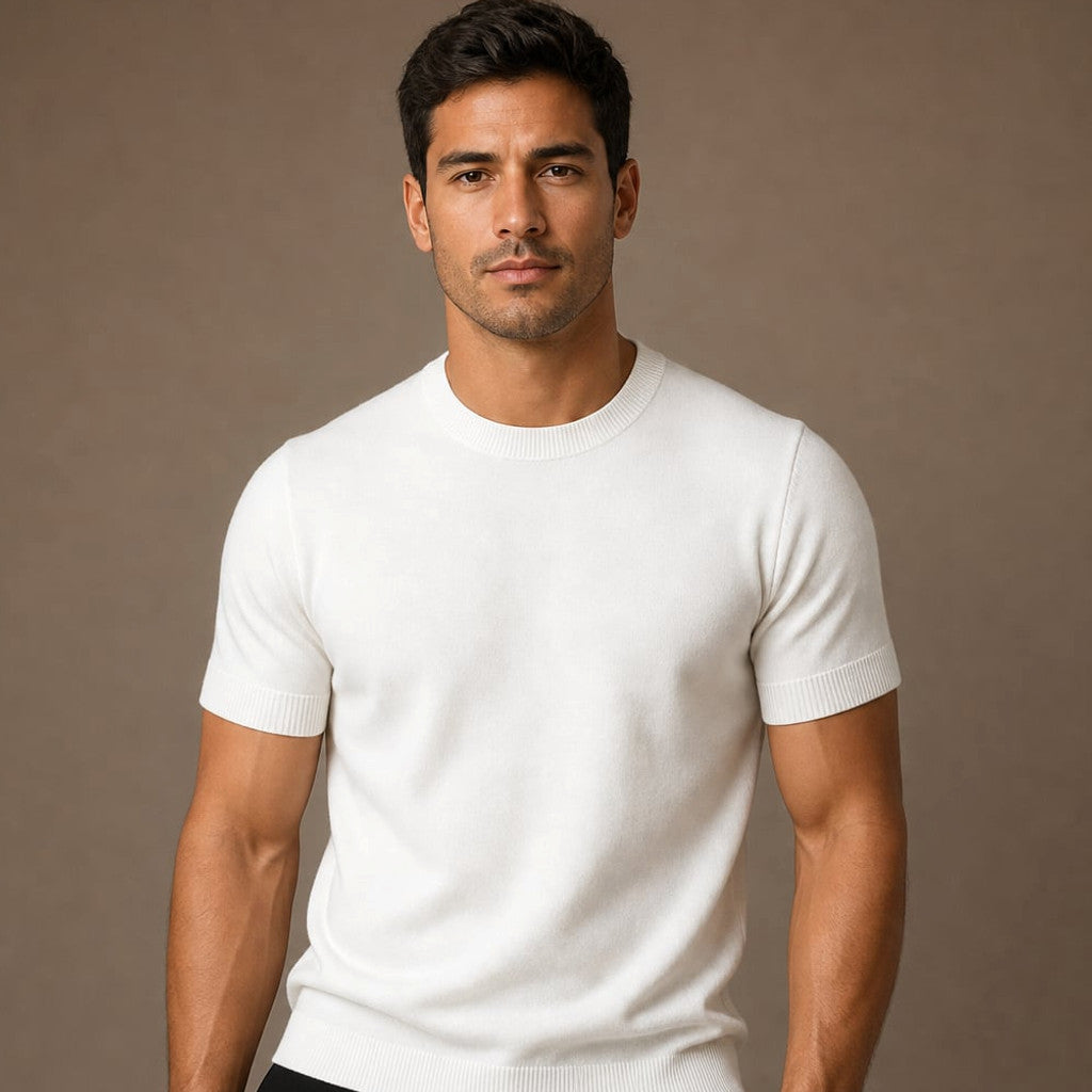 Crew Neck Merino Wool Blend Tee Tailored Fit in White – Tomosino Premium Menswear