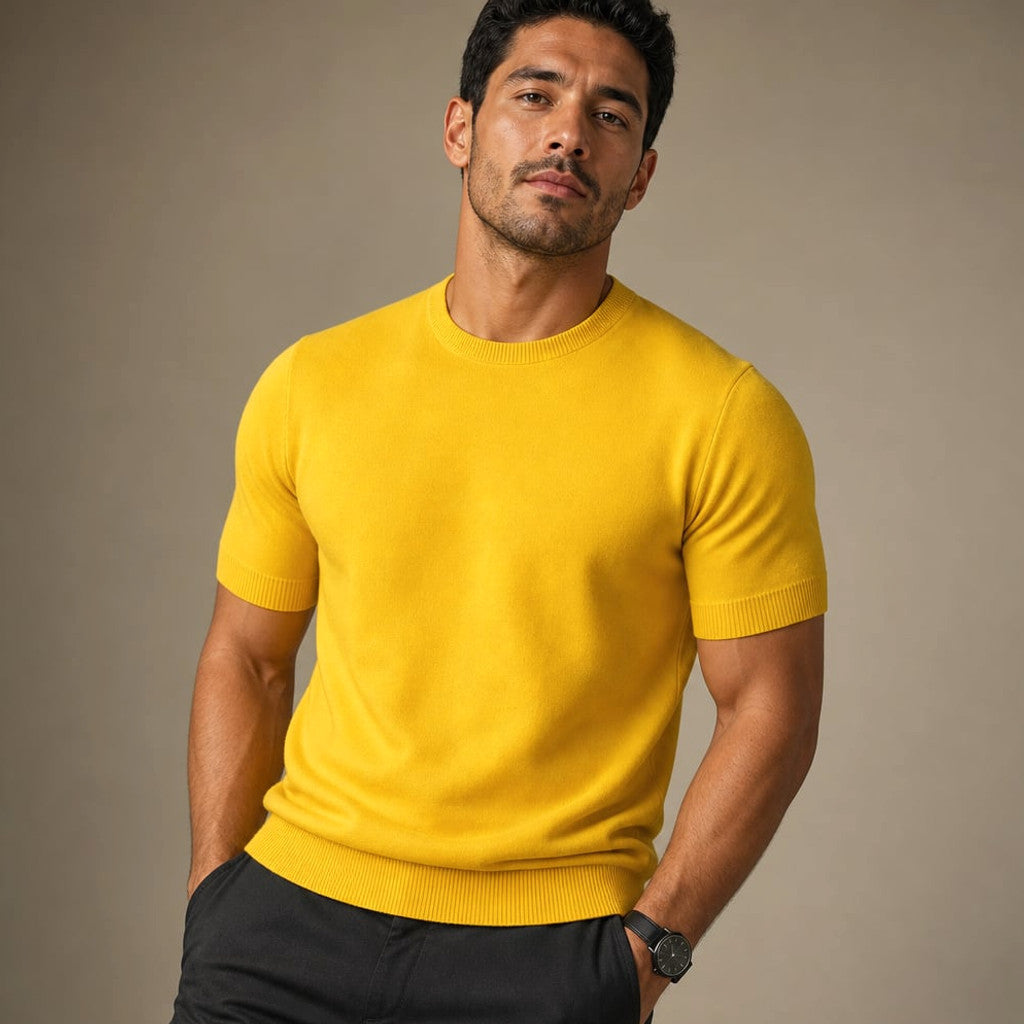 Crew Neck Merino Wool Blend Tee Tailored Fit Yellow – Product Photo