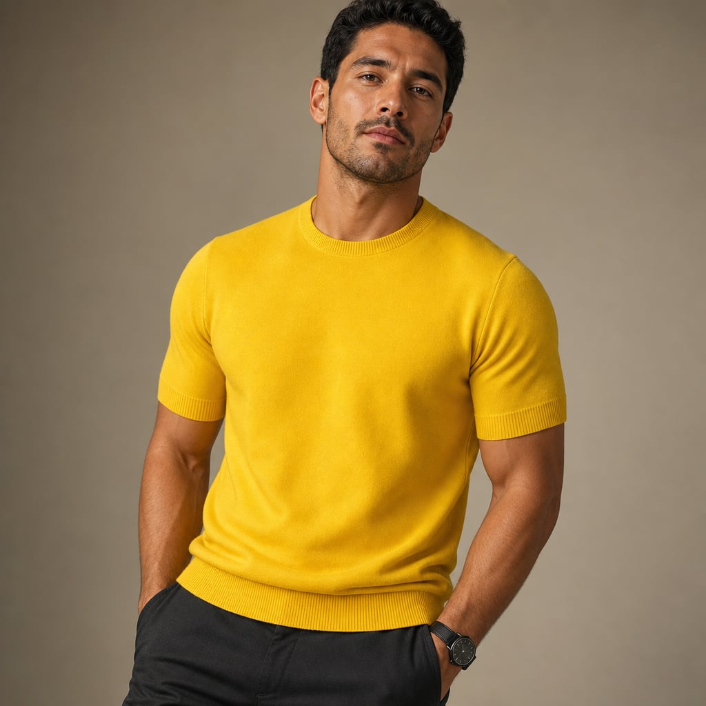Crew Neck Merino Wool Blend Tee Tailored Fit Yellow – Product Photo