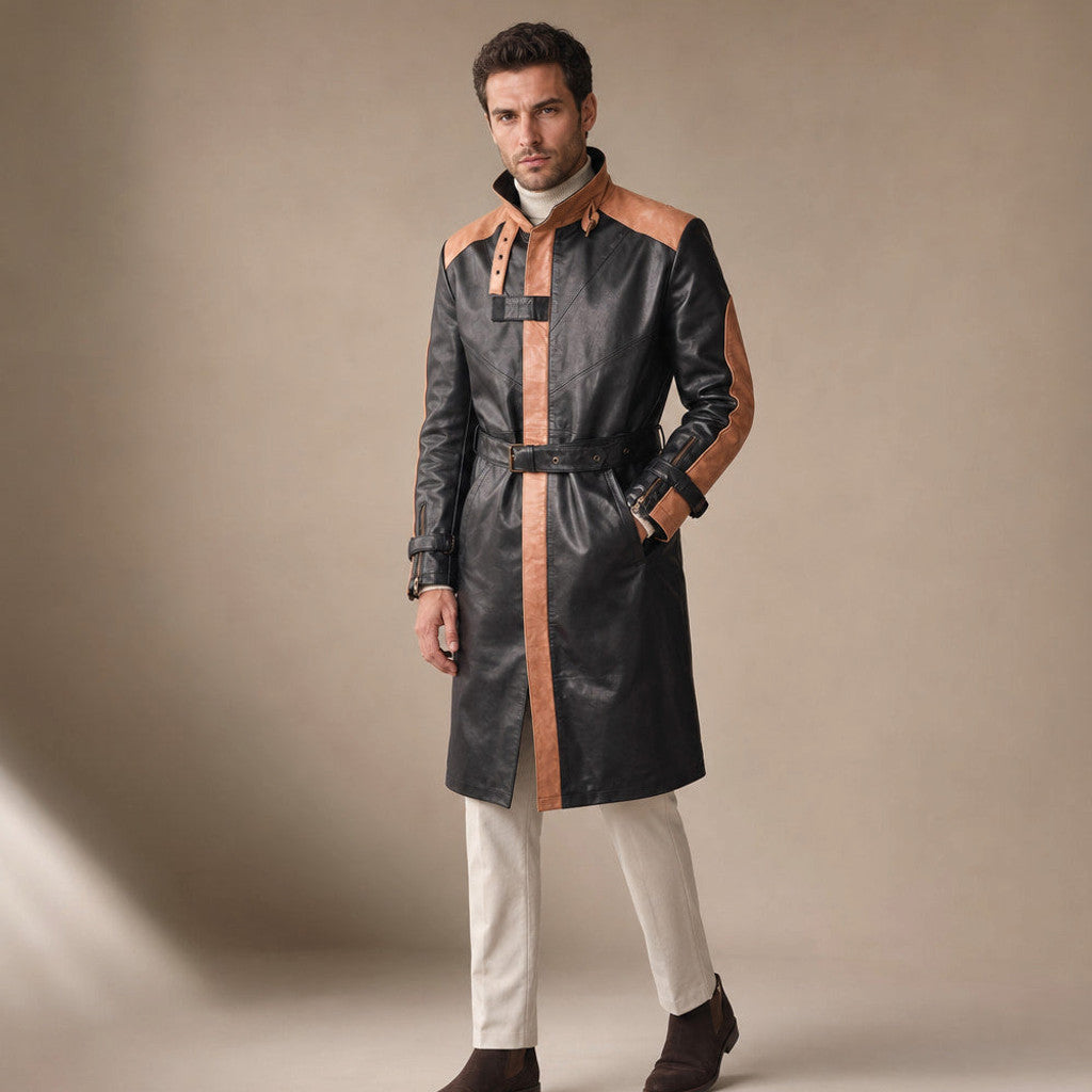 Dalverton | Leather Trench Coat Belted Black Black – Side Angle View