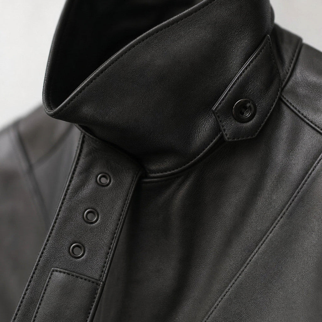 Dalverton | Leather Trench Coat Belted Black Black – Fabric and Detail Close-Up