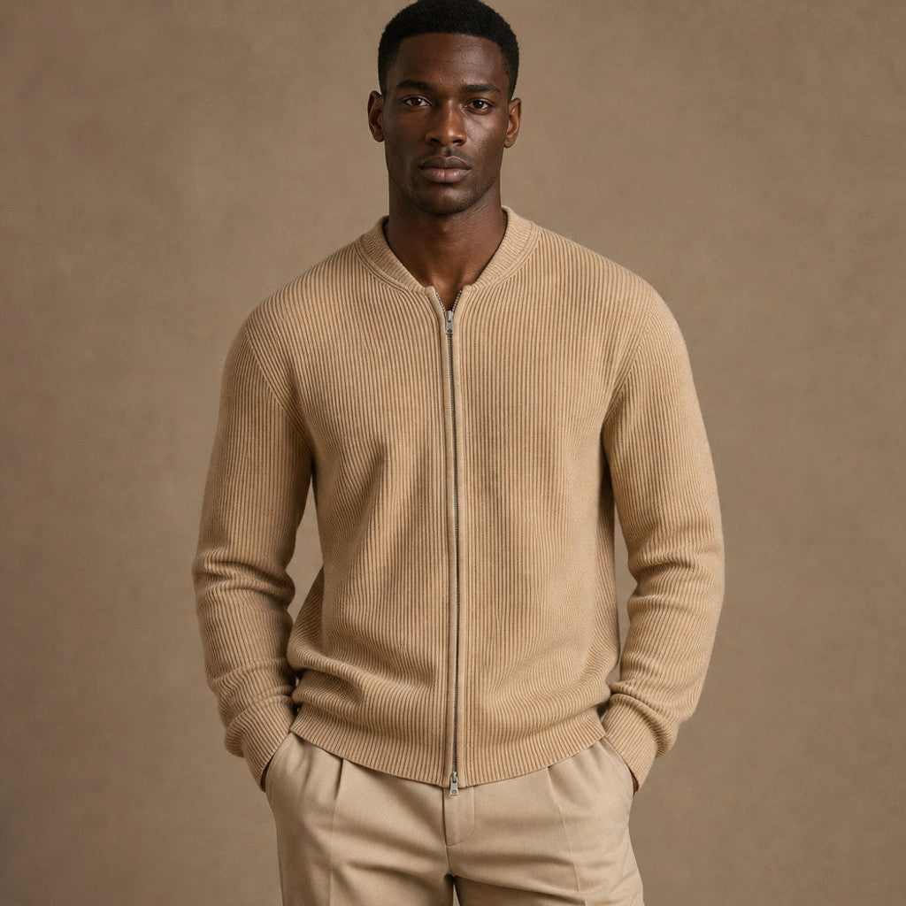 Damon | Ribbed Full-Zip Jacket Relaxed Fit Beige – Product Photo