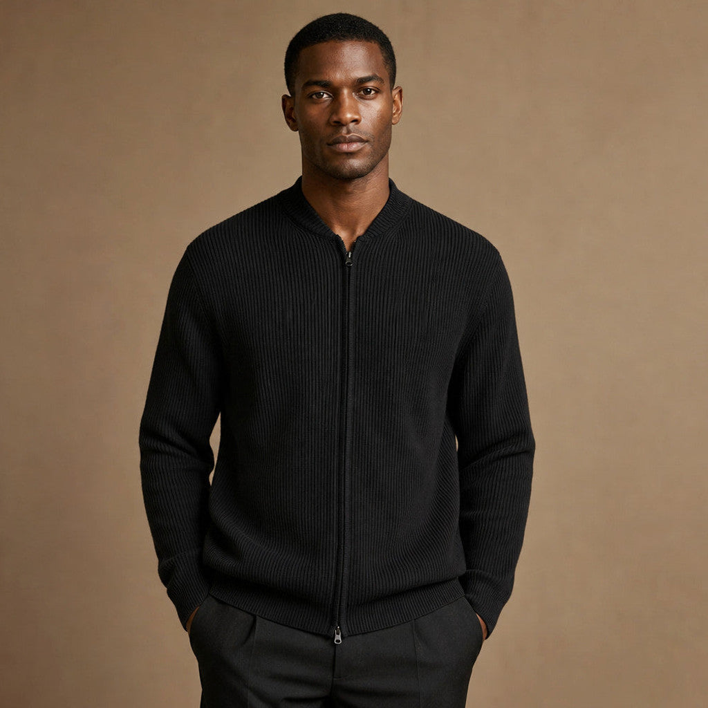Damon | Ribbed Full-Zip Jacket Relaxed Fit Black – Product Photo
