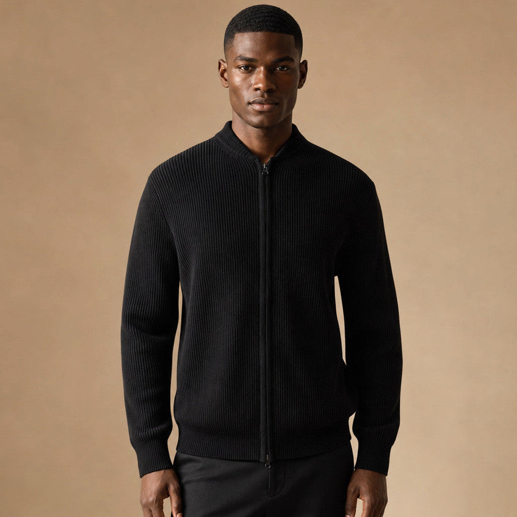 Damon | Ribbed Full-Zip Jacket Relaxed Fit in Black – Premium Editorial