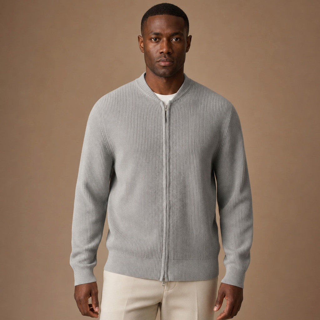 Damon | Ribbed Full-Zip Jacket Relaxed Fit in Grey – Premium Editorial