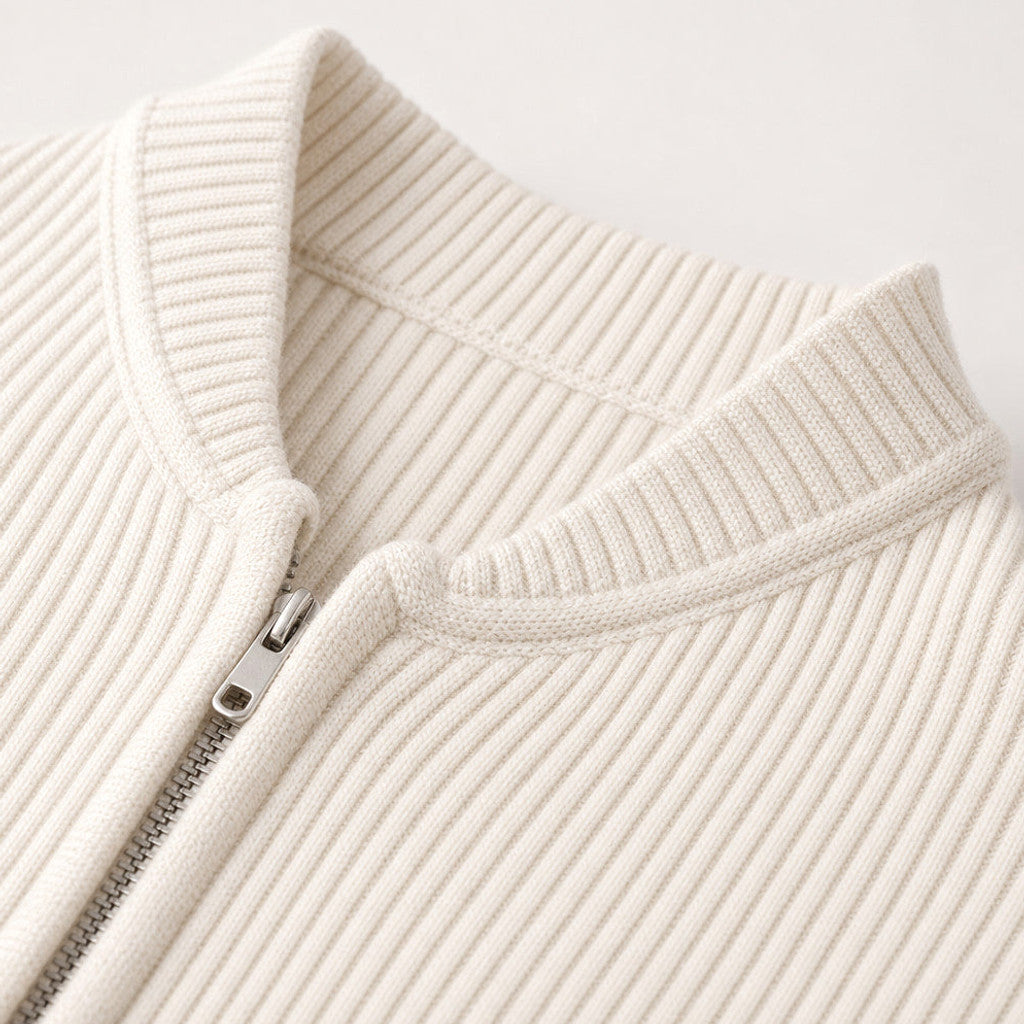 Damon | Ribbed Full-Zip Jacket Relaxed Fit Ivory – Fabric and Detail Close-Up