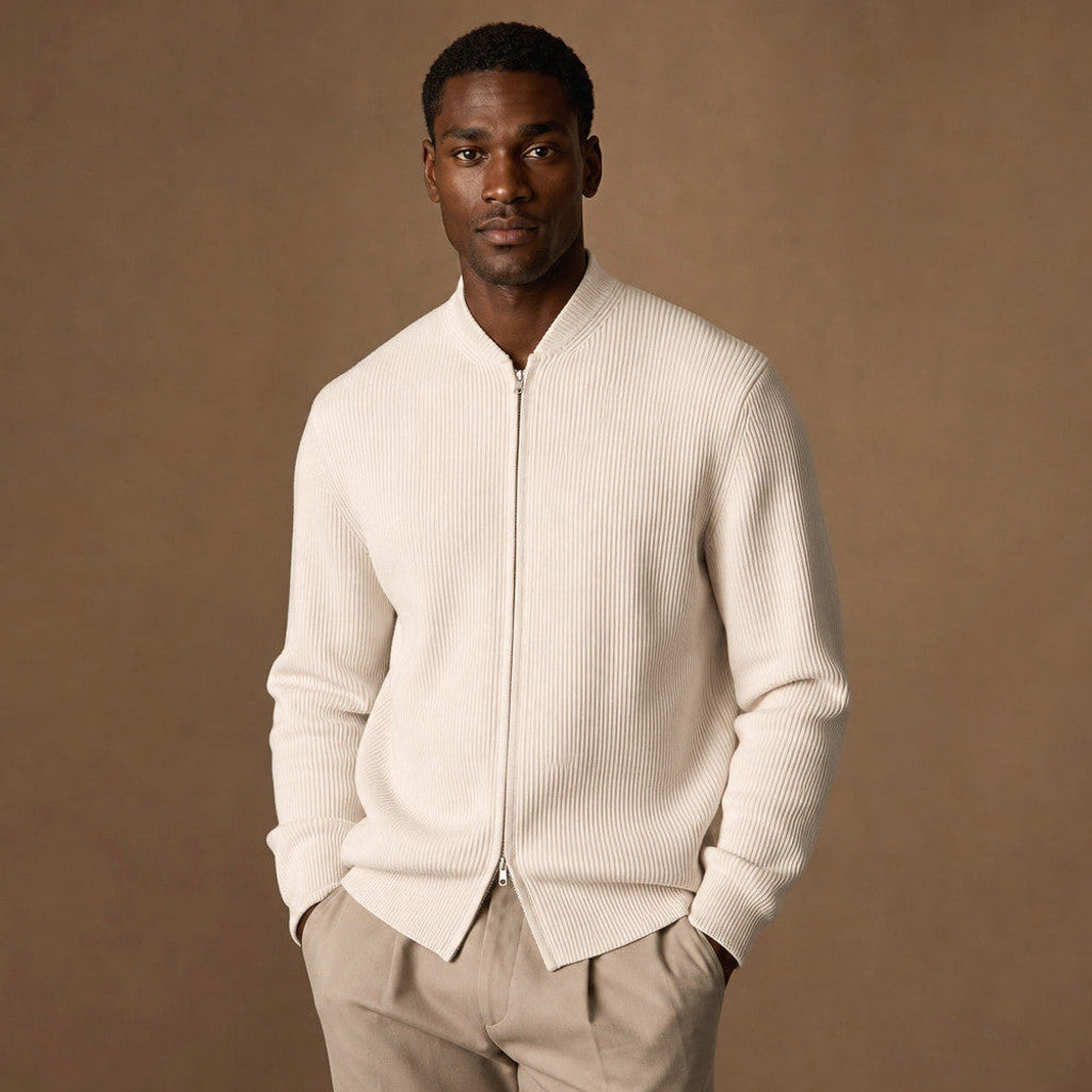 Damon | Ribbed Full-Zip Jacket Relaxed Fit Ivory – Product Photo