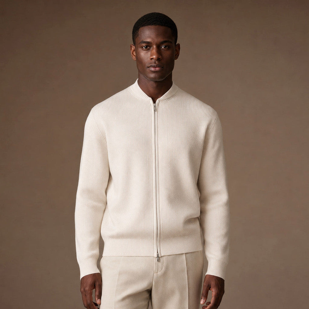 Damon | Ribbed Full-Zip Jacket Relaxed Fit in Ivory – Premium Editorial
